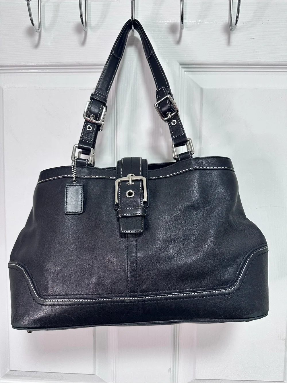Coach Y2K Black Leather Shoulder Bag with Silver Buckle Hardware